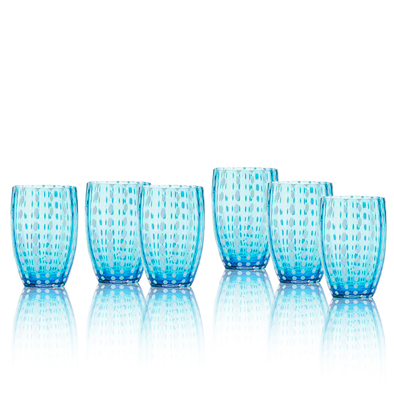 Zafferano Perle Tumbler 32 cl Set 6 Pcs in Aquamarine Coloured Glass